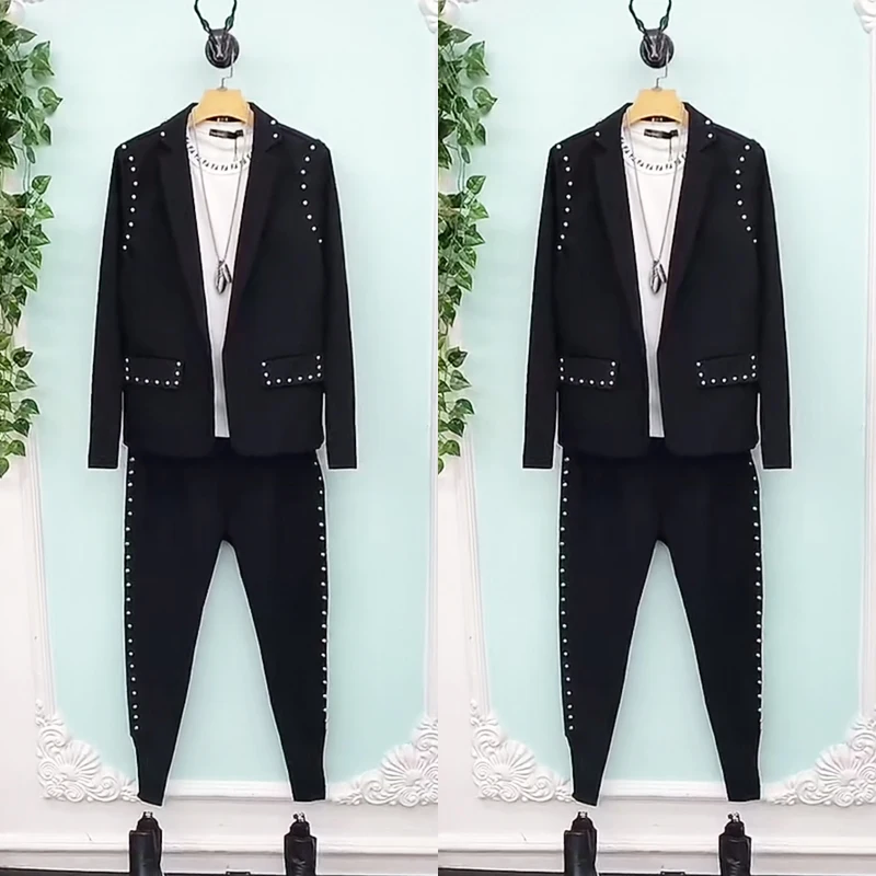 ( Jacket + Pants ) Boutique Fashion Mens black Casual Business Suit High-end Social Formal Suit 2 Pcs Set Groom Wedding