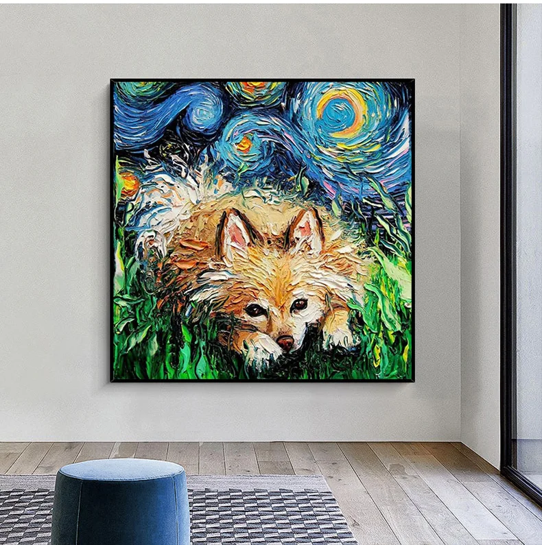 

Hand Painted Oil Painting On Canvas Starry Night Animal Living Room Decoration Painting Cartoon Bedroom Painting Frameless