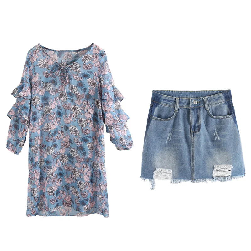 

2021 spring and summer new style two-piece chiffon fashion printed skirt casual denim shorts