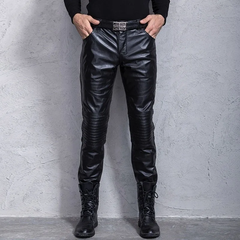 Брендовые Роскошные мотоциклетные брюки из натуральной коровьей кожи мужские