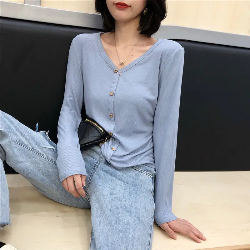 

Woman Tshirts Cotton V-neck Long-Sleeved T-shirt Women's Autumn Top Tops Mujer Camisetas