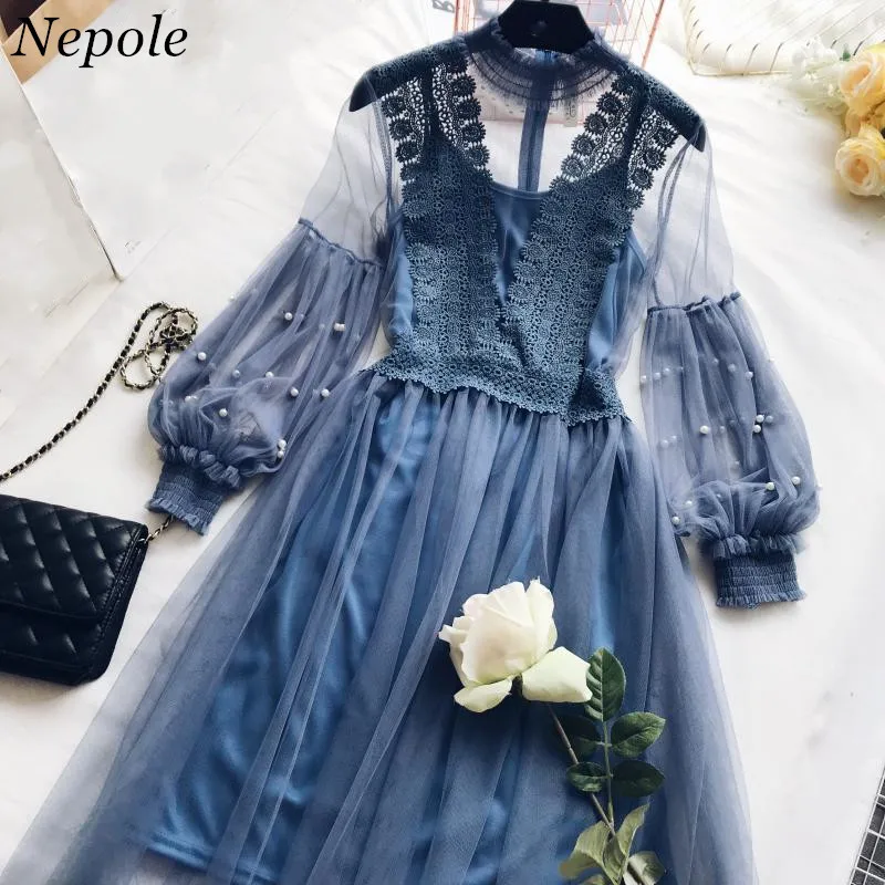 Neploe кружевное Сетчатое лоскутное платье из двух частей Блузка + Прозрачная