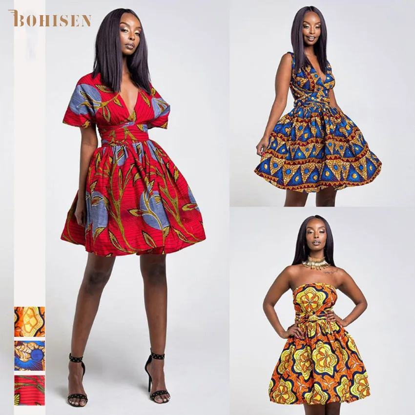 BOHISEN Dashiki женские платья с африканскими принтами Bazin Ankara короткими рукавами Slim Riche