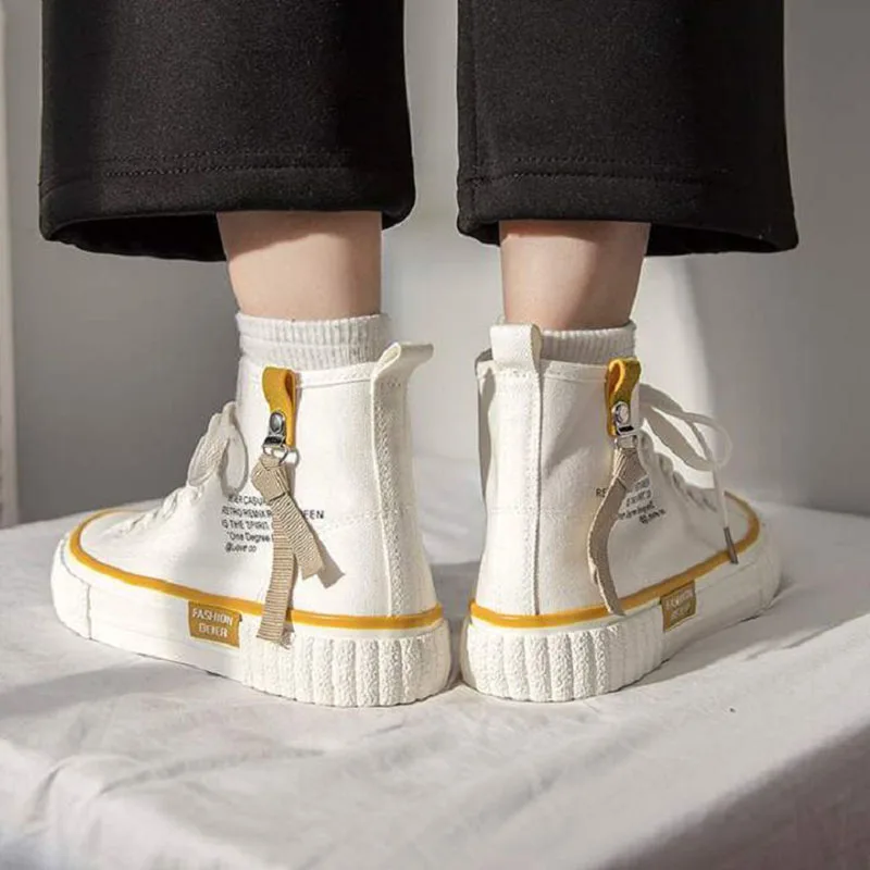 

Black High-top Ladies Canvas Shoes Outdoor Leisure Lace-up Women's Vulcanized Shoes Campus Style Flat-bottom Breathable Sneakers