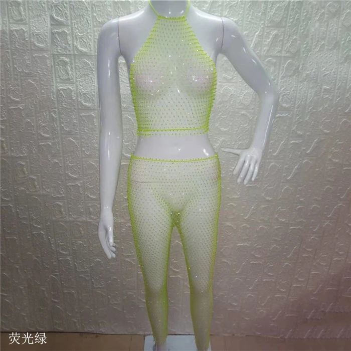 Neon Green Мужские туфли из сетчатого материала с перфорацией из сетки два комплект из 2 частей из блестящих стразов с лямкой на шее короткий топ сексуальный Прозрачная Мини-юбки Для женщин летние пляжные костюмы - Цвет: Neon Green