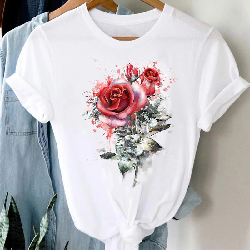 

T-shirts Women Flower Summer Spring Fashion Floral Cartoon Valentine Clothes Graphic Tshirt Top Lady Print Female Tee T-Shirt