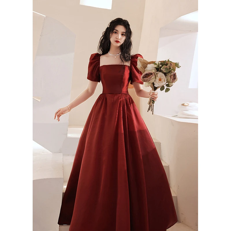 Женское платье с пышными рукавами длинное Бордовое трапециевидной формы