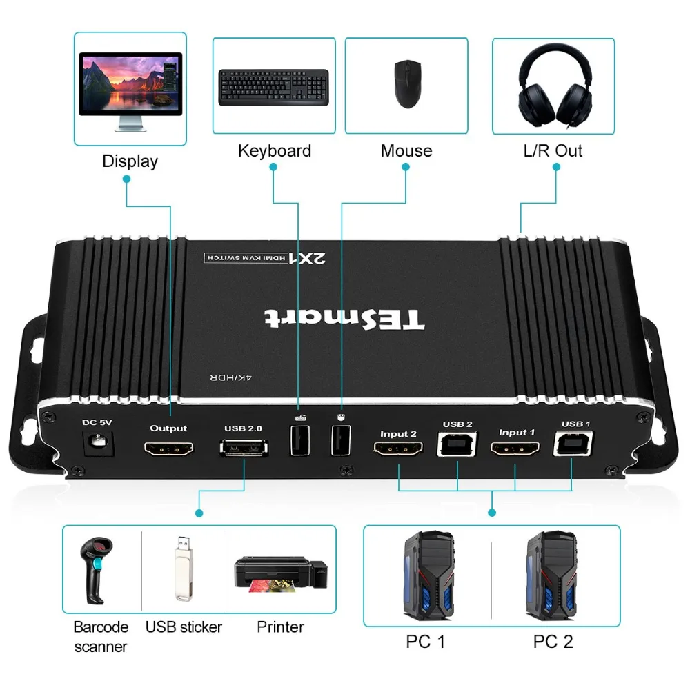 HDMI переключатель 4K, TESmart HDMI 4K@ 60Hz Ultra HD 2x1 HDMI KVM переключатель поддерживает USB 2,0 устройств управления до 2 компьютеров/серверах