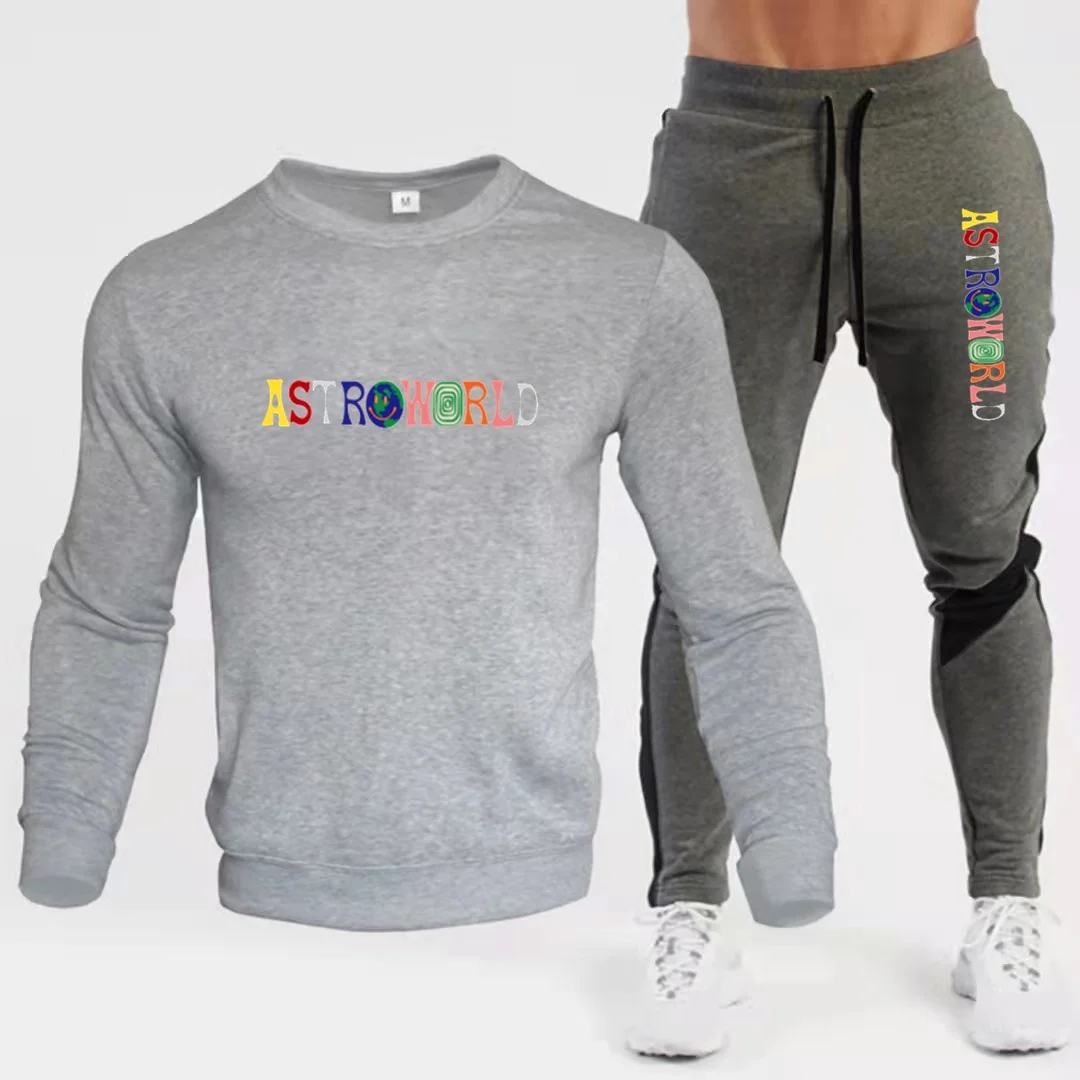 

Winter leisure ASTROWORLD letter printed sweatshirt fleece warm hip-hop crew neck top+ pants men's and women's street suit dress