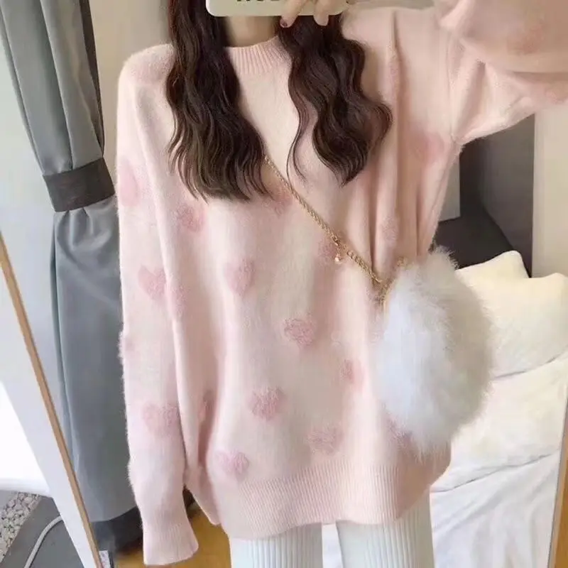 

2021 Women Warm Long Sleeve Sueter Imitation Water Velet Print Winter Clothes Pink O Neck Loose Pullover Heart Pattern