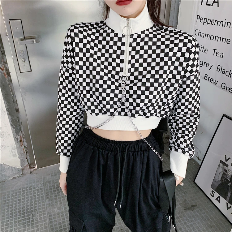 

Hipster Plaid Spring Autumn Long Sleeve Sweatshirts Turtleneck Women's Clothing Ins Vintage Style Pullovers Zipper Hoodies New