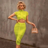 sexy green stand up collar mesh 2021 autumn new stitching pleated short top midi skirt two piece set fashion waist short sleeve