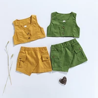 summer fashion girls clothes sets 1 6y solid sleeveless single breasted v neck tops mini skirts 2pcs