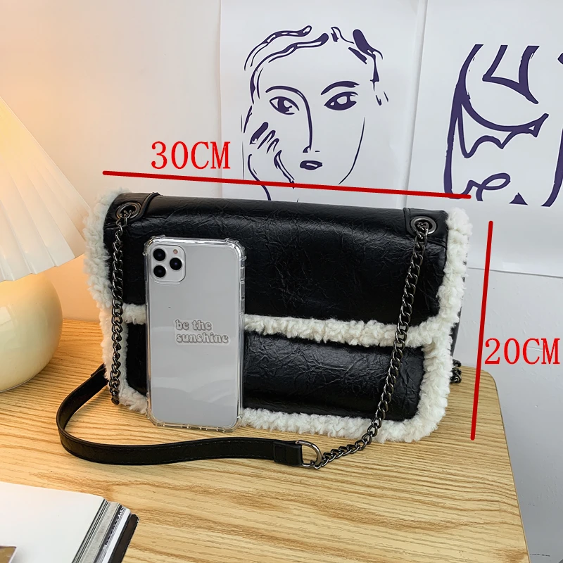 

High Quality Plush PU Leather Shoulder Bag For Women Chain Vintage Winter Crossbody Bag Female Branded Designer Small Handbags
