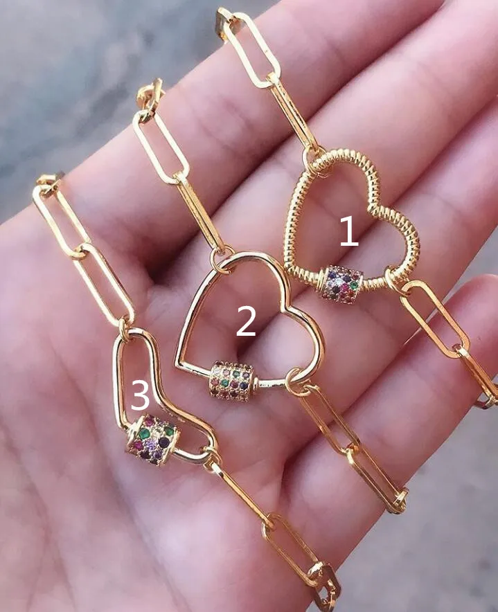 

5pcs/Lot Rainbow Zirconia Paved Heart Shape Screw Clasps Connector Oval Metal Chains Bracelet Handmade Rock Hiphop Jewelry