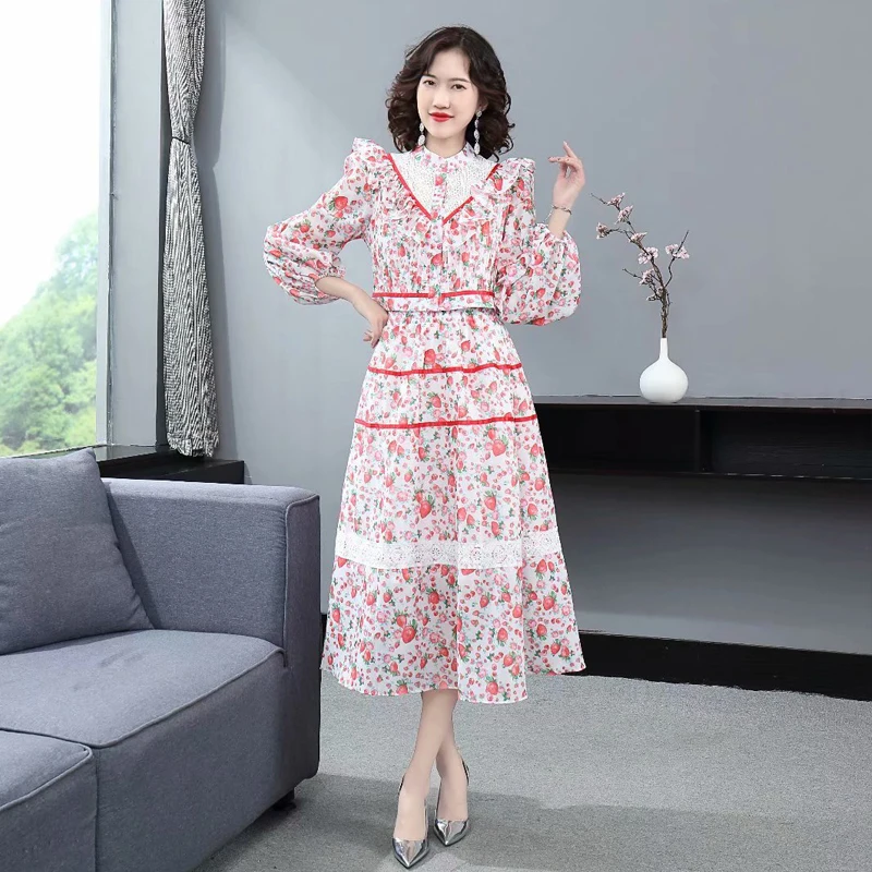 

Spring Summer New Women Sets Long Sleeve Lace Patchwork Tops And Elastic Waist Casual Skirt Party Fashion Print Two-Piece Suit