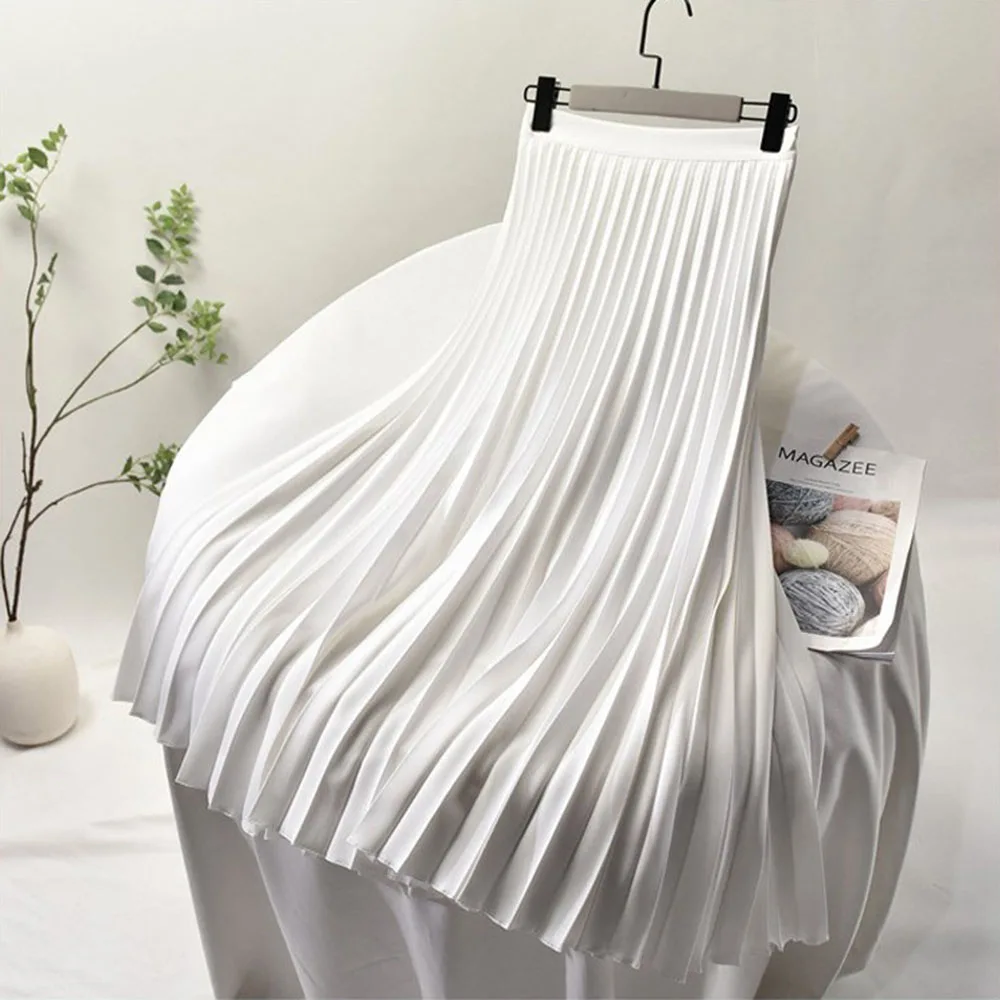 

Women's Elegant Sector Pleated Twill Skirt with Chiffon Liner Female High Waist Side Zipper White Long Skirts Womens 2021 Midi