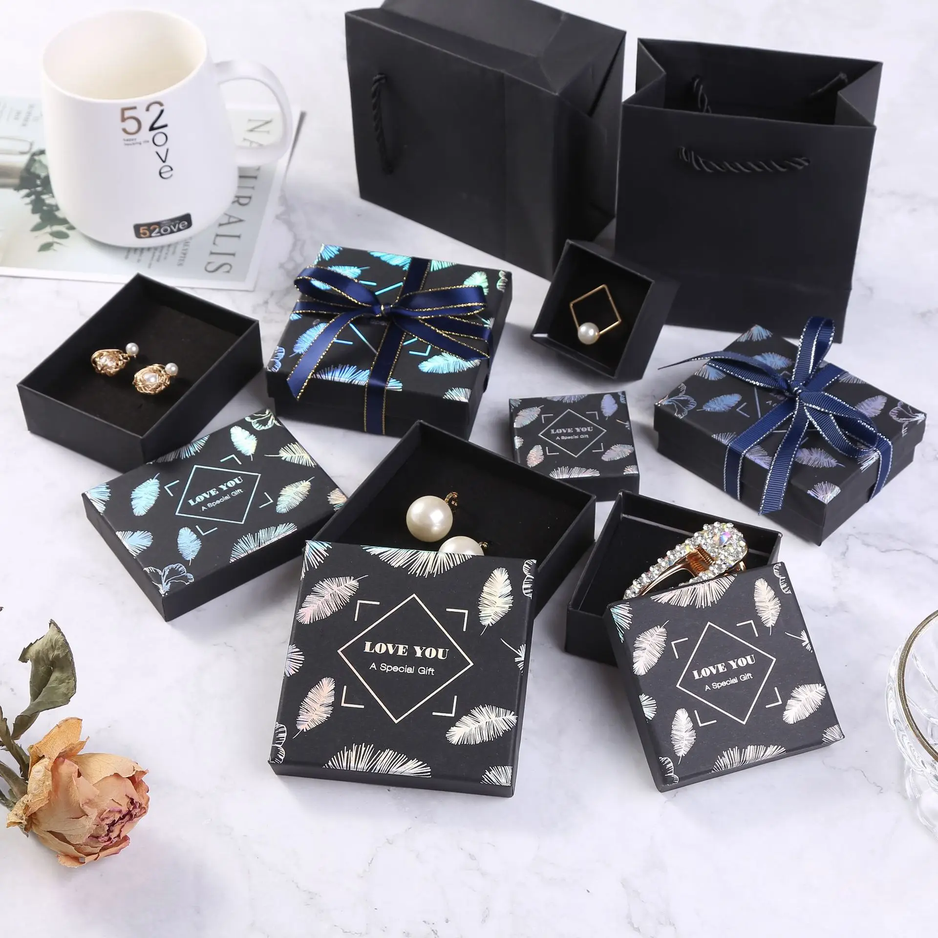 

12pcs Jewelry Package Black Leaft Craft Paper Box Necklace Earring Bracelet Ring DIsplay Gift Box with Ribbon