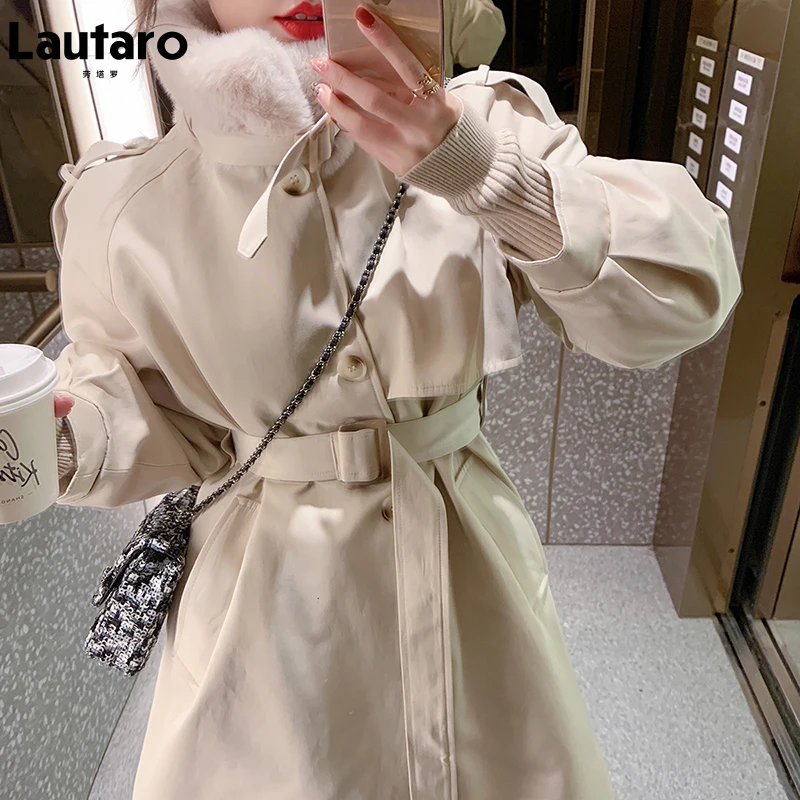 Lautaro Зимний длинный теплый толстый тренч для женщин с искусственным мехом внутри