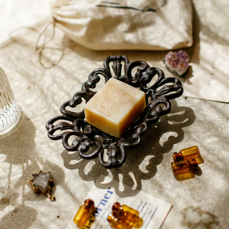 Винтажный прямоугольный держатель для мыла из чугуна с полым цветочным узором на