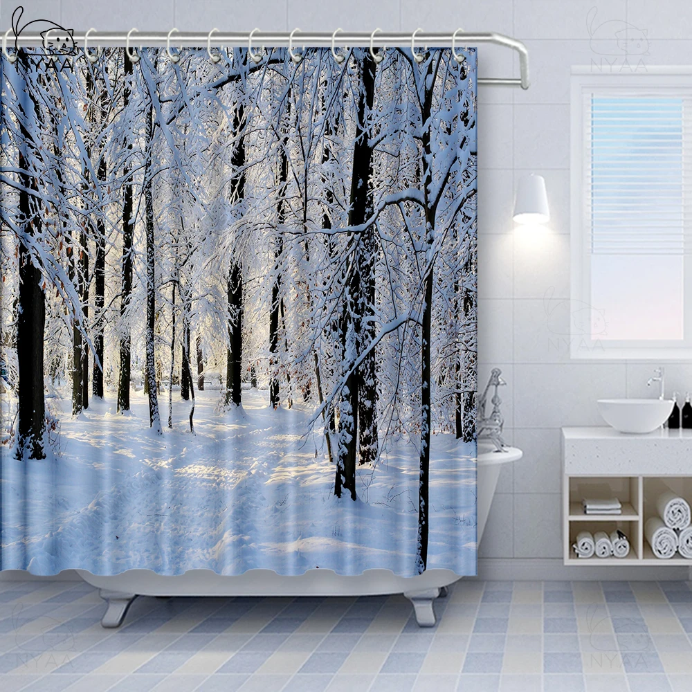 

Landscape Shower Curtains Winter Snowflake Tree Ice Lake Surface Snow Scene Bathroom Waterproof Forest Frosty Bathtub Curtain