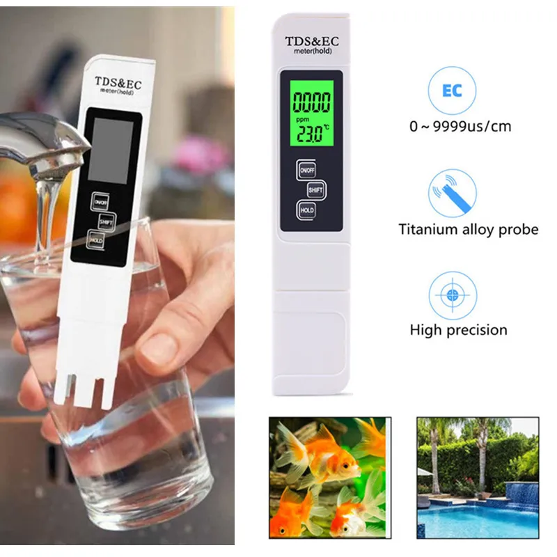 

Portable Durable Digital LED Water Quality Tester TDS&EC Meter Range 0-9990 Multifunctional Water Purity Quality TEMP PPM Tester