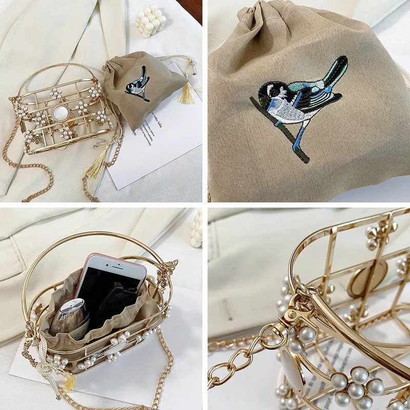 Женская вечерняя сумка в клетку металлическая рама ковш жемчужный Свадебный