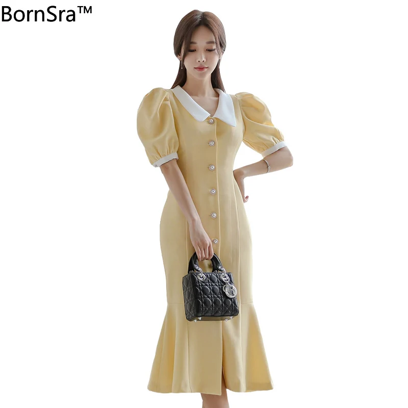 

BornSra 2020 Summer New Women Solid Color High Waist Dress Elegant Business Party Bodycon Vestidos Female Work Office Lady Dress