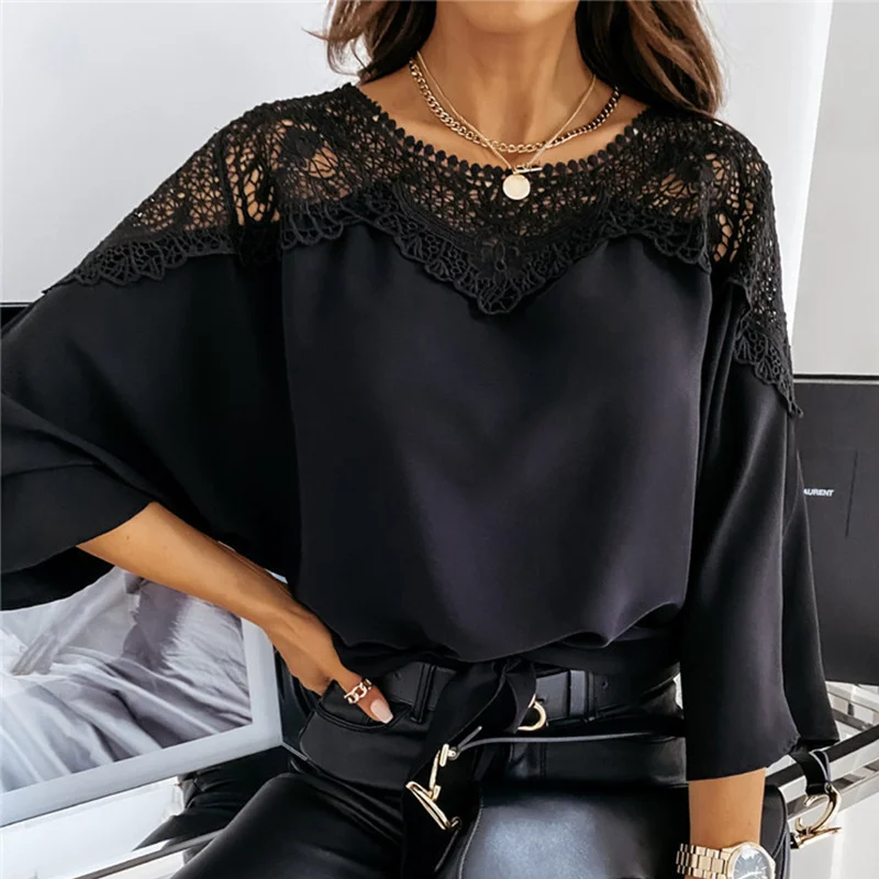 

Spring Hollow Out Lace Blouses Women O-neck Long Sleeve Backless Solid Elegant Shirt Female 2021 Summer Fashion Lady Blouse Tops