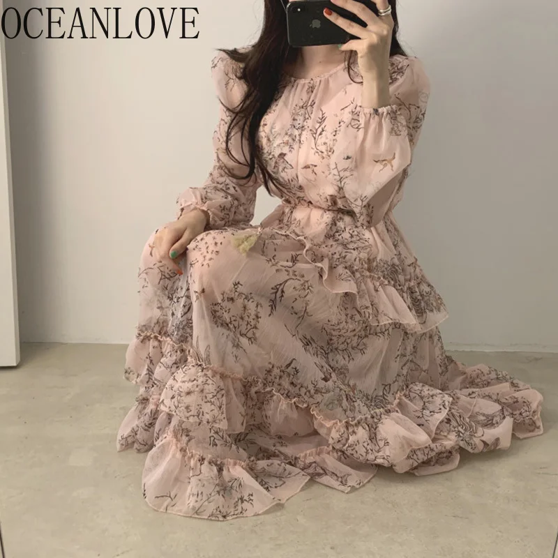 OCEANLOVE Корейский Элегантный принт женское платье Цветочные оборки банкетные