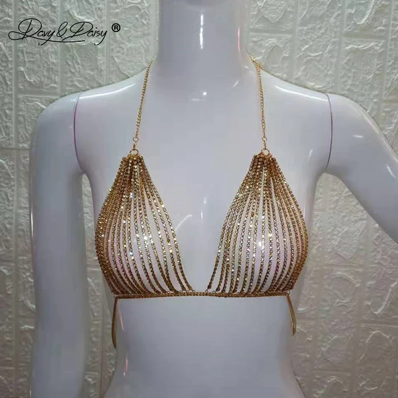 DAVYDAISY женский бюстгальтер rhinestone Горячая металлическая цепочка Хрустальный Бралетт одежда для пляжного клуба Топы модная нательная цепочка Сексуальное белье BR052