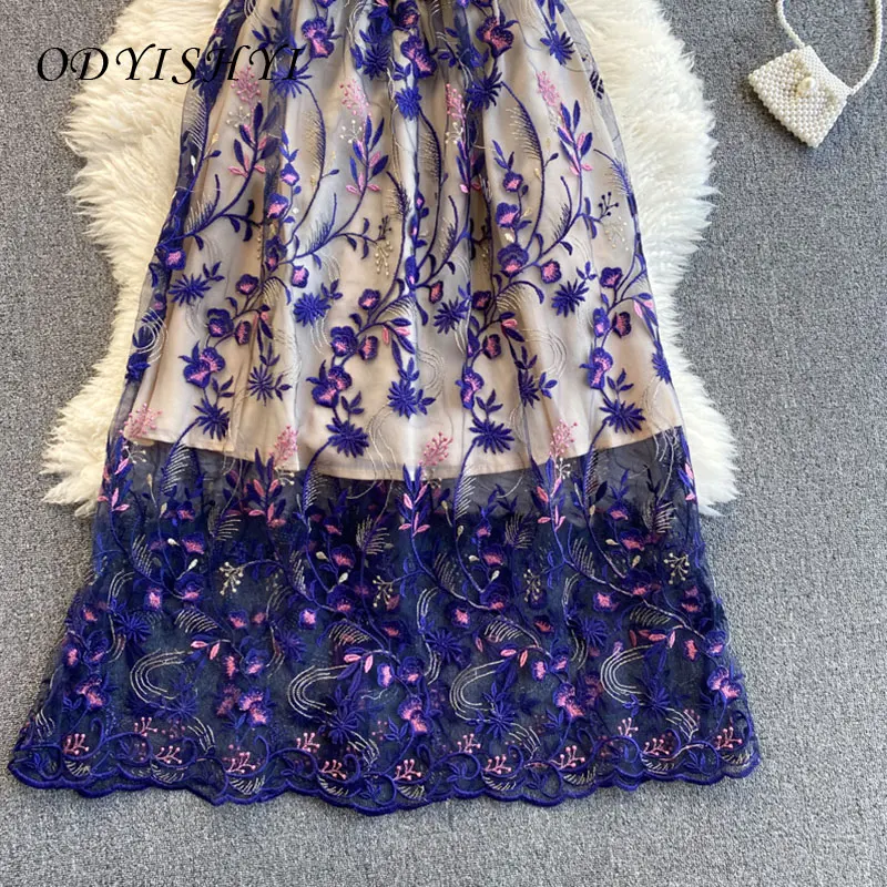 

Vestidos Spring Women's Maxi Dress 2021 Round Neck Short Sleeve Mesh Hollow Crochet Flower A-line Slim Dress Female VT08