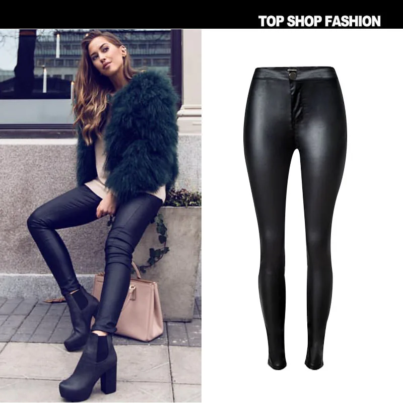 

Autumn Winter High Waist Slim Stretch Coated Faux Leather Pants Denim Pants PU Pocket Wild Large Size Fashion Casual Jeans K168