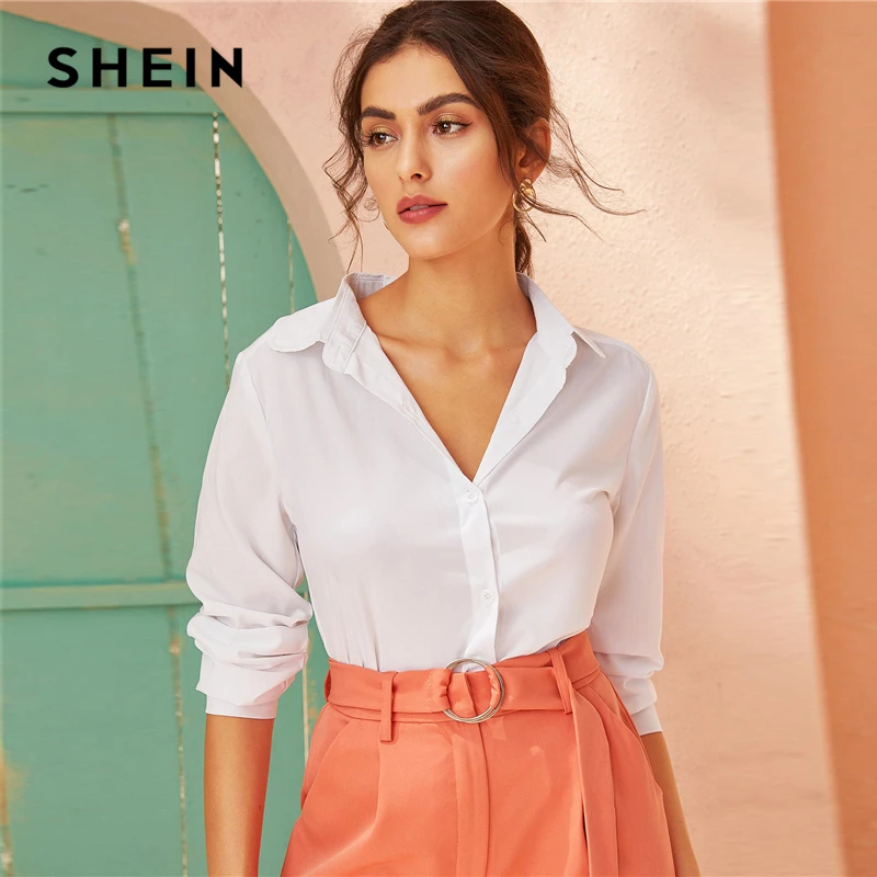 SHEIN белая однотонная однобортная Офисная Женская блузка рубашка женские топы осенние элегантные блузки с длинным рукавом и отложным воротником