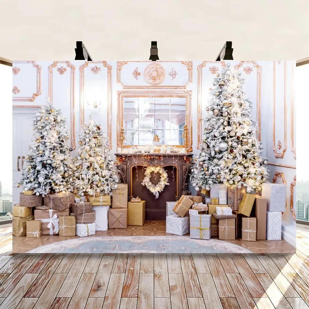 

Christmas Tree Gifts Interior Decor Fireplace Photography Backdrops Bright Palace Photo Backgrounds Family Portrait Photophone