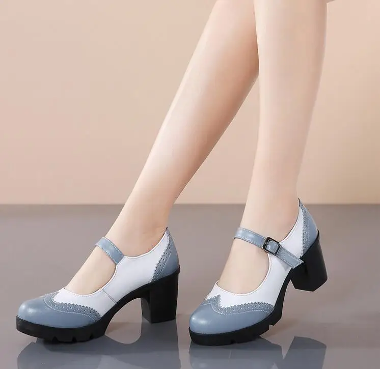 

Туфли-лодочки женские из натуральной кожи на толстом каблуке, с круглым носком