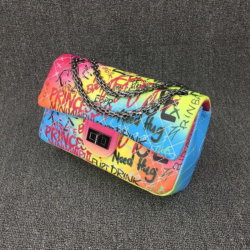 

26cm Medium Sized Colorful Graffiti Rainbow Bag for Women 2019 Luxury Handbags Women Bags Designer Lady Crossbody Shoulder Bags