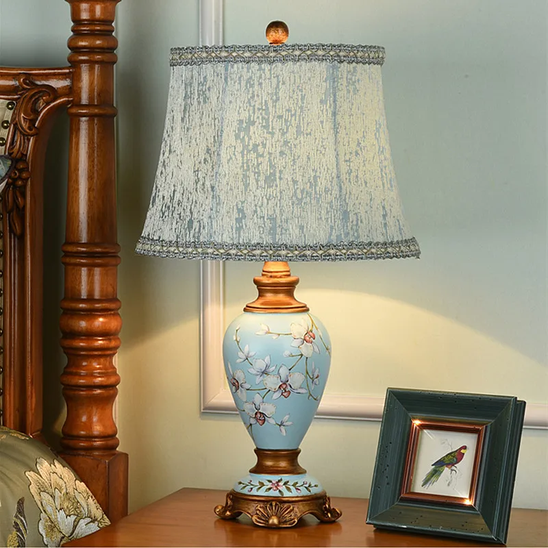 

European painted flower resin art Table Lamps American Classic rural dimmer switch fabric lamp for bedside&foyer&studio LBO009