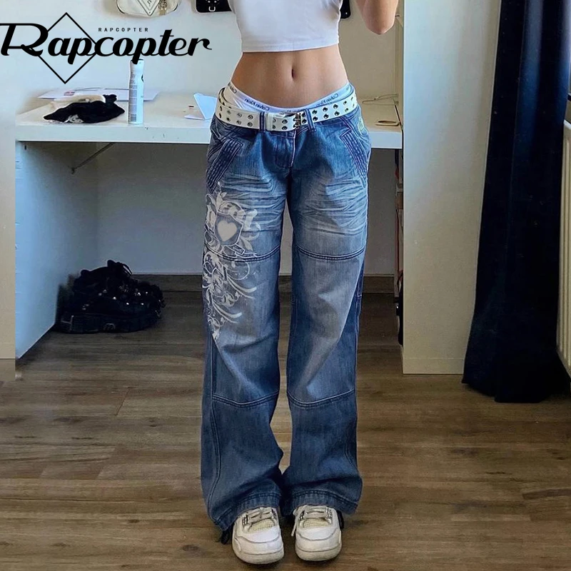 

Rapcopter y2k Printed Blue Jeans Kawaii Baggy Straight Trousers Retro Streetwear Pockets Zipper Denim Joggers Women Hot Mom Jean