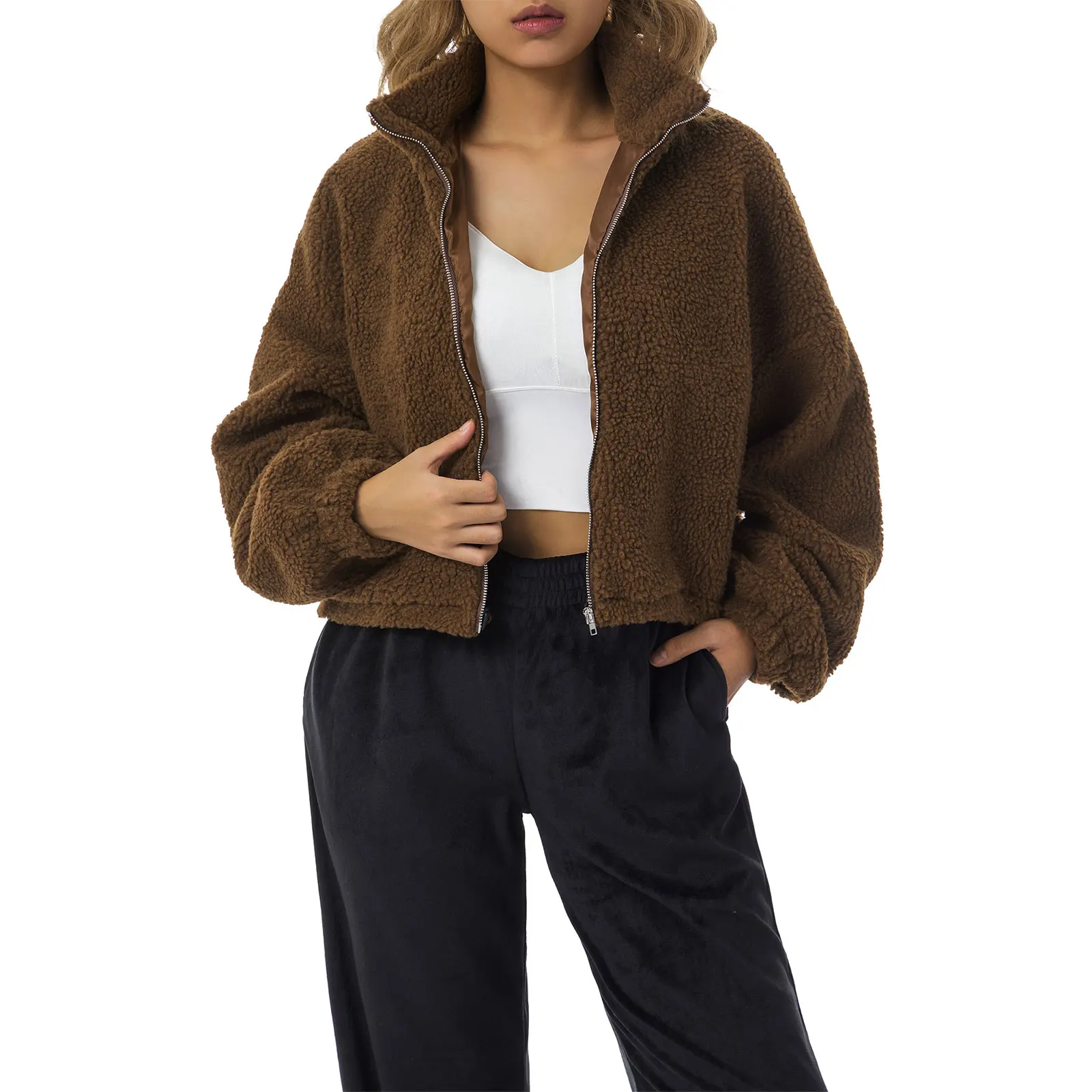 

2021 Winter Fleece Coats Women Fashion Solid Color High Collar Long Sleeve Jackets with Zipper for Fall Winter Ladies Casual Top