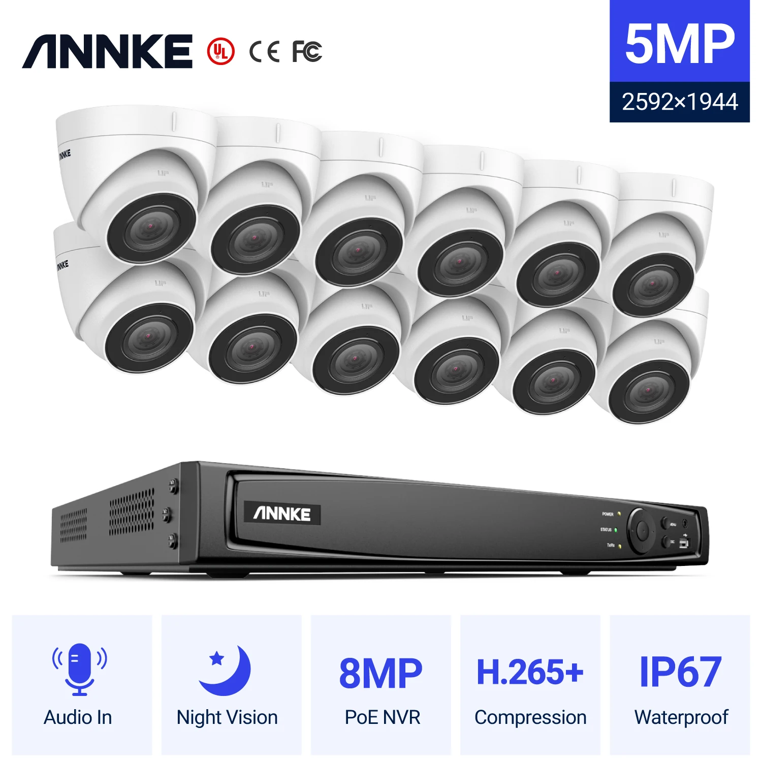 Система видеонаблюдения ANNKE 16 каналов FHD 5 Мп POE H.265 + 8 сетевой видеорегистратор с