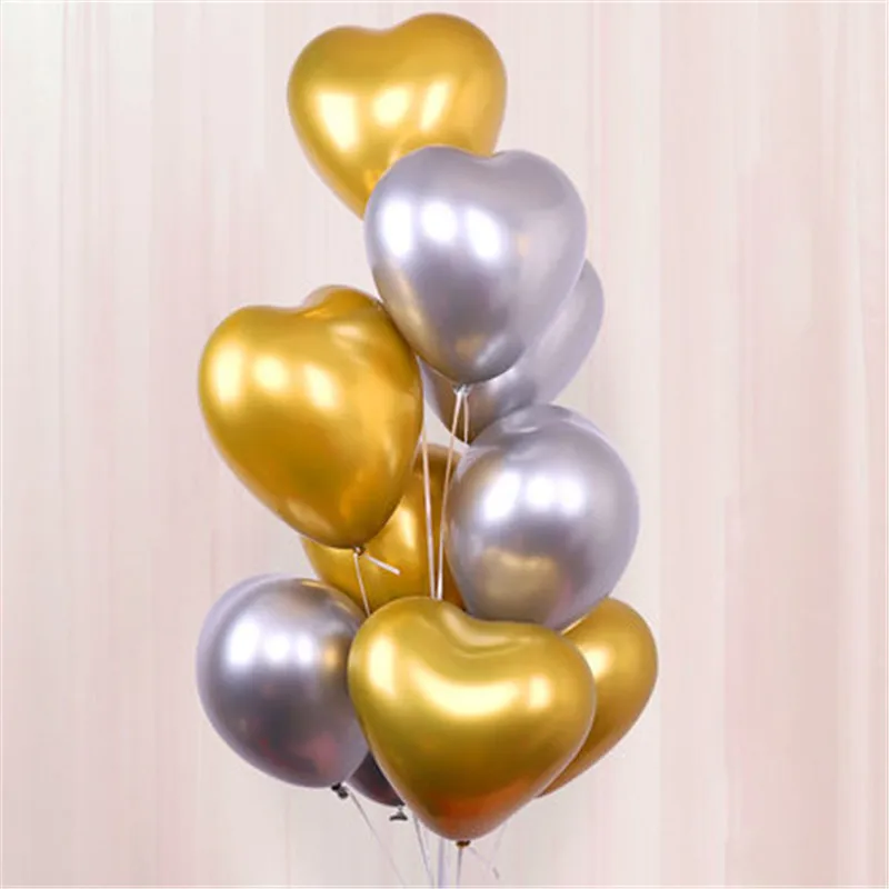 10 шт шары из латекса цвета металлик в форме сердца металлические хромированные
