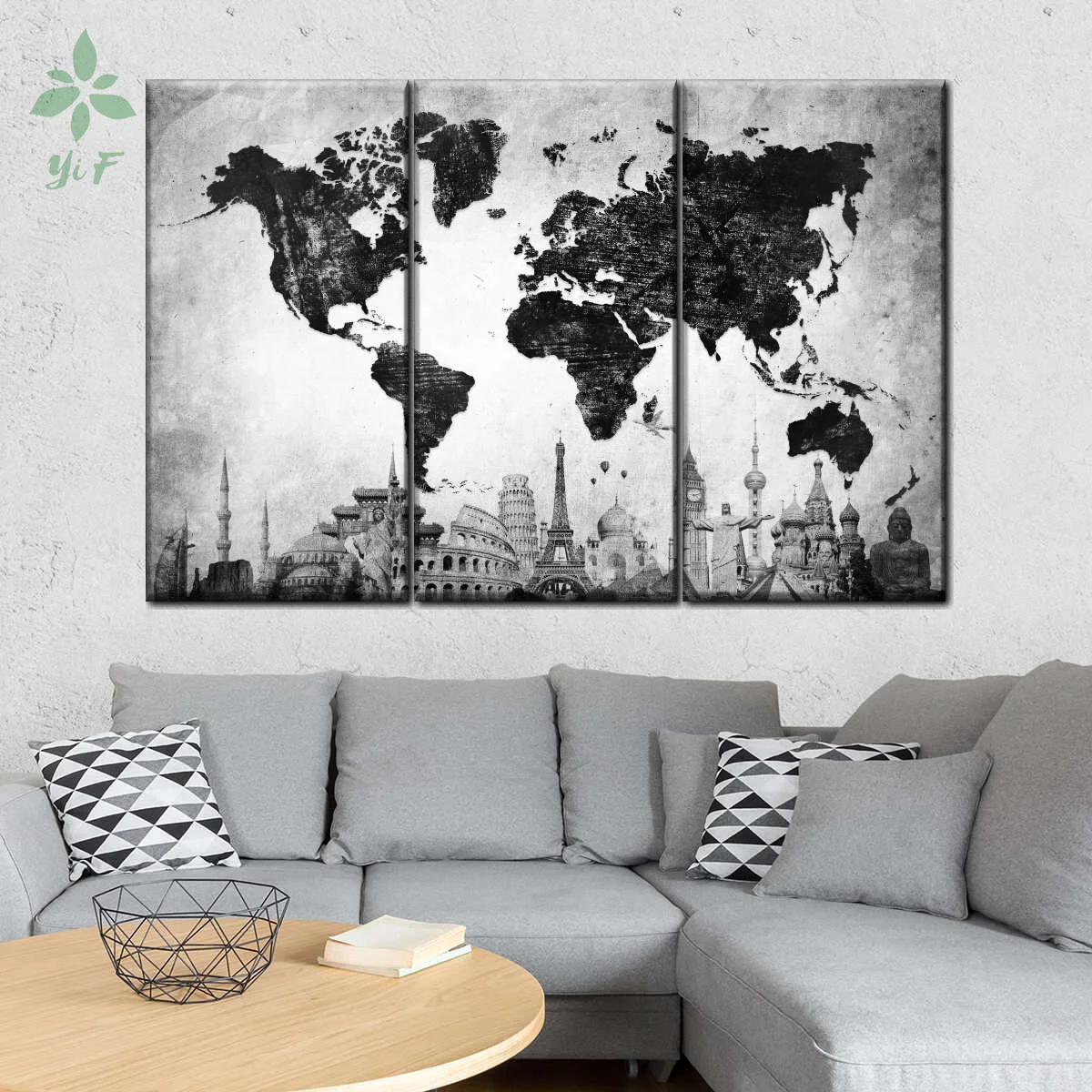 

Charcoal World Map Masterpiece Multi Panel 3 Piece Canvas Wall Art Home Decoration Oil Painting