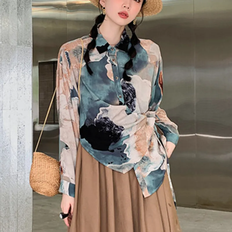 

Женская блузка с коротким рукавом, корейский стиль, осень 2021, свободная однобортная рубашка с отворотами, N041