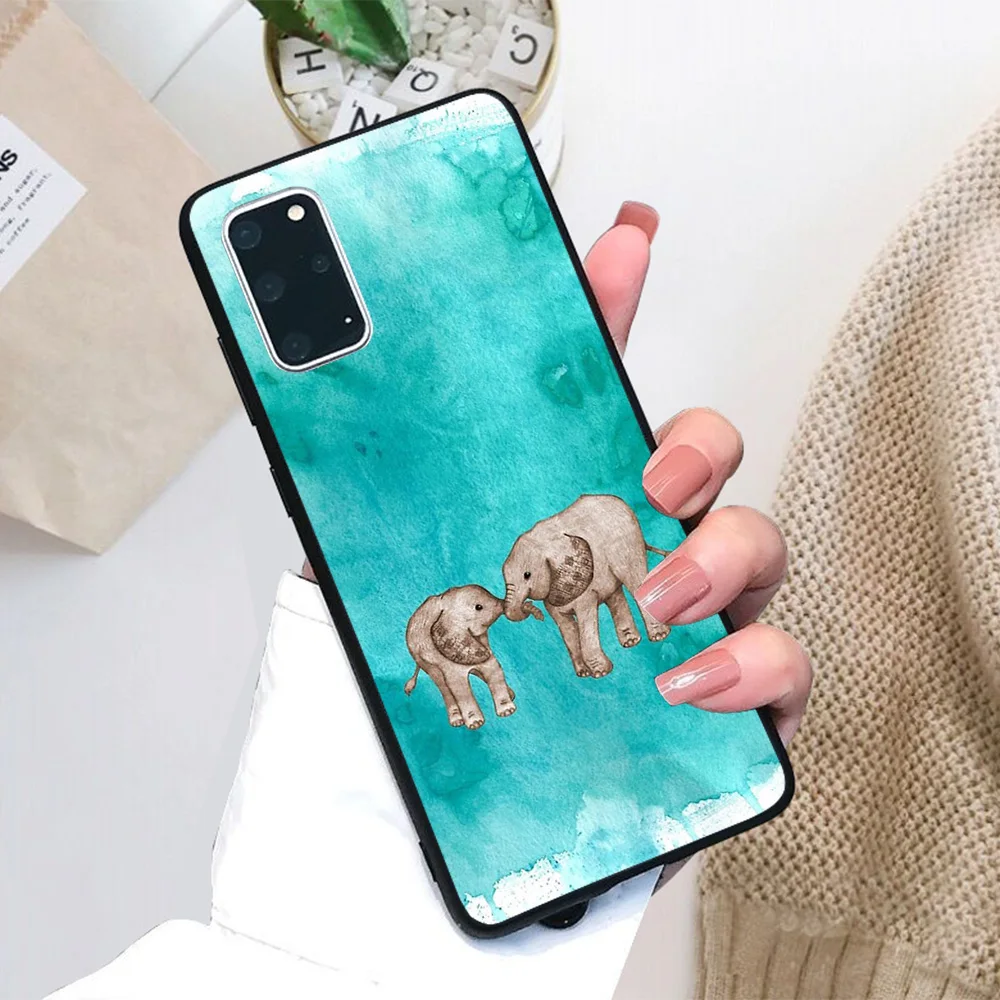 

For Samsung Galaxy Baby Elephant Love sepia on teal watercolour Soft TPU Black Border Samsung Galaxy Case