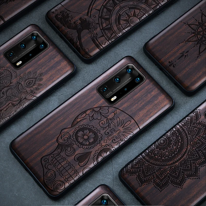 Черный Деревянный чехол для Huawei P40 Pro противоударный из натурального дерева