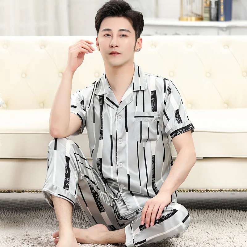 Summer Mens Stain Silk Pajama Set Pajamas For Men Sleepwear Modern Style Nightgown Home Male Soft Cozy Sleeping Clothing