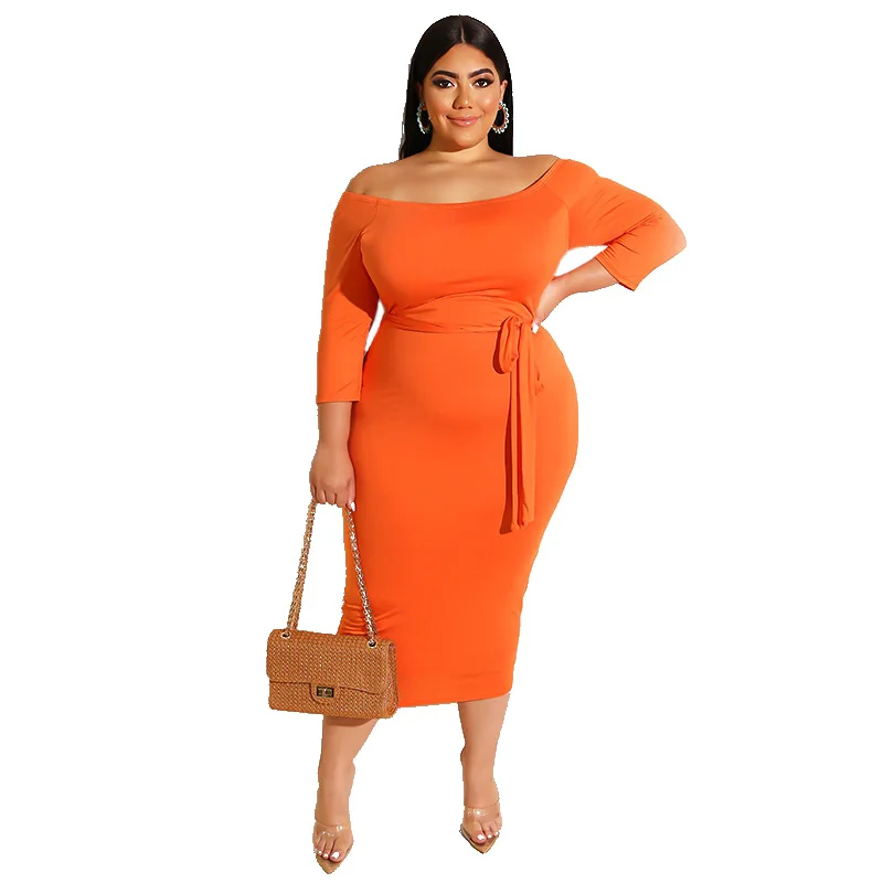 

Plus Size Women Dress 2021 Summer New Solid Color Office Lady Off-Neck Pullover Sexy Elegant Leisure Black Dress