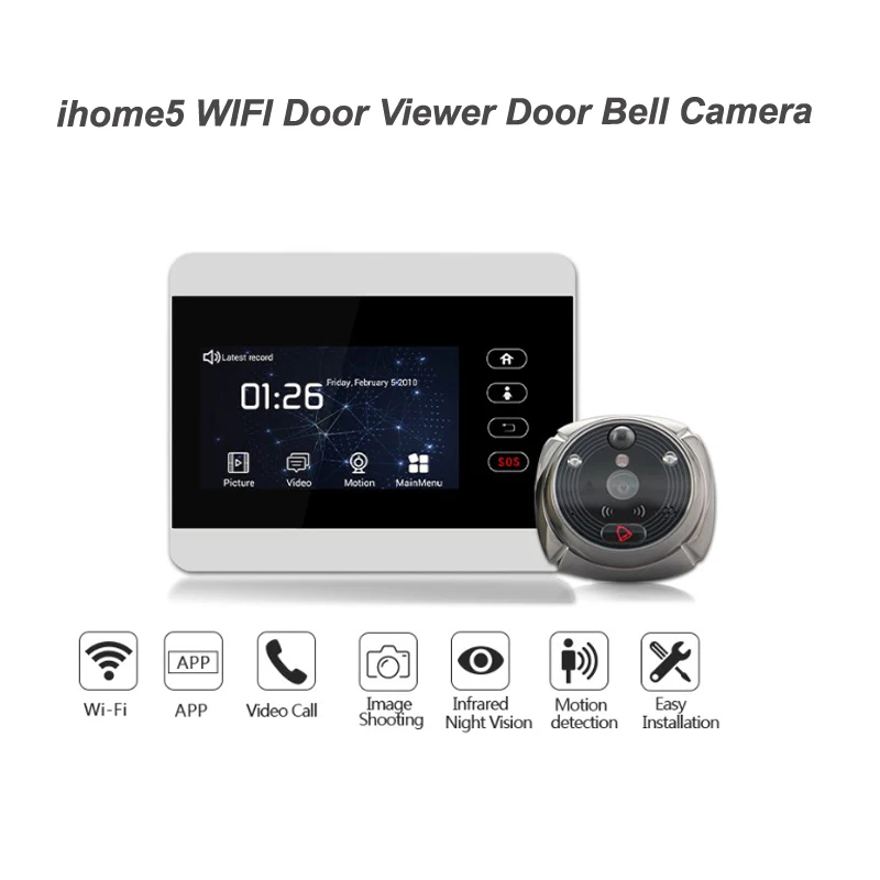 Rollup Smart Home ihome5 WIFI Video Peephole Door Viewer Wireless Call Intercom Doorbell IR PIR Night VisionSurveillance Camera