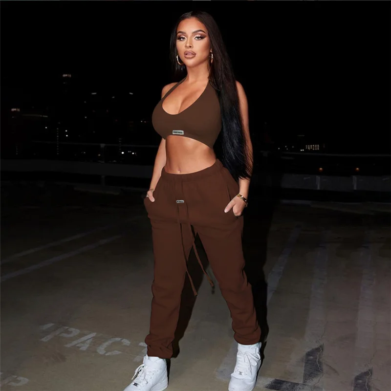 Two Piece Set Women Sporty  Active Halter Vest Crop Tops+Drawstring Sweatpants Matching Outfit Casual Concise Tracksuit images - 6